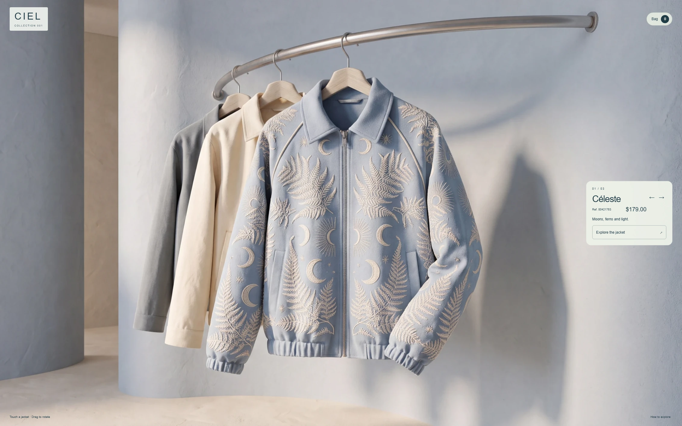 CIEL embroidered jacket in a pale blue atelier