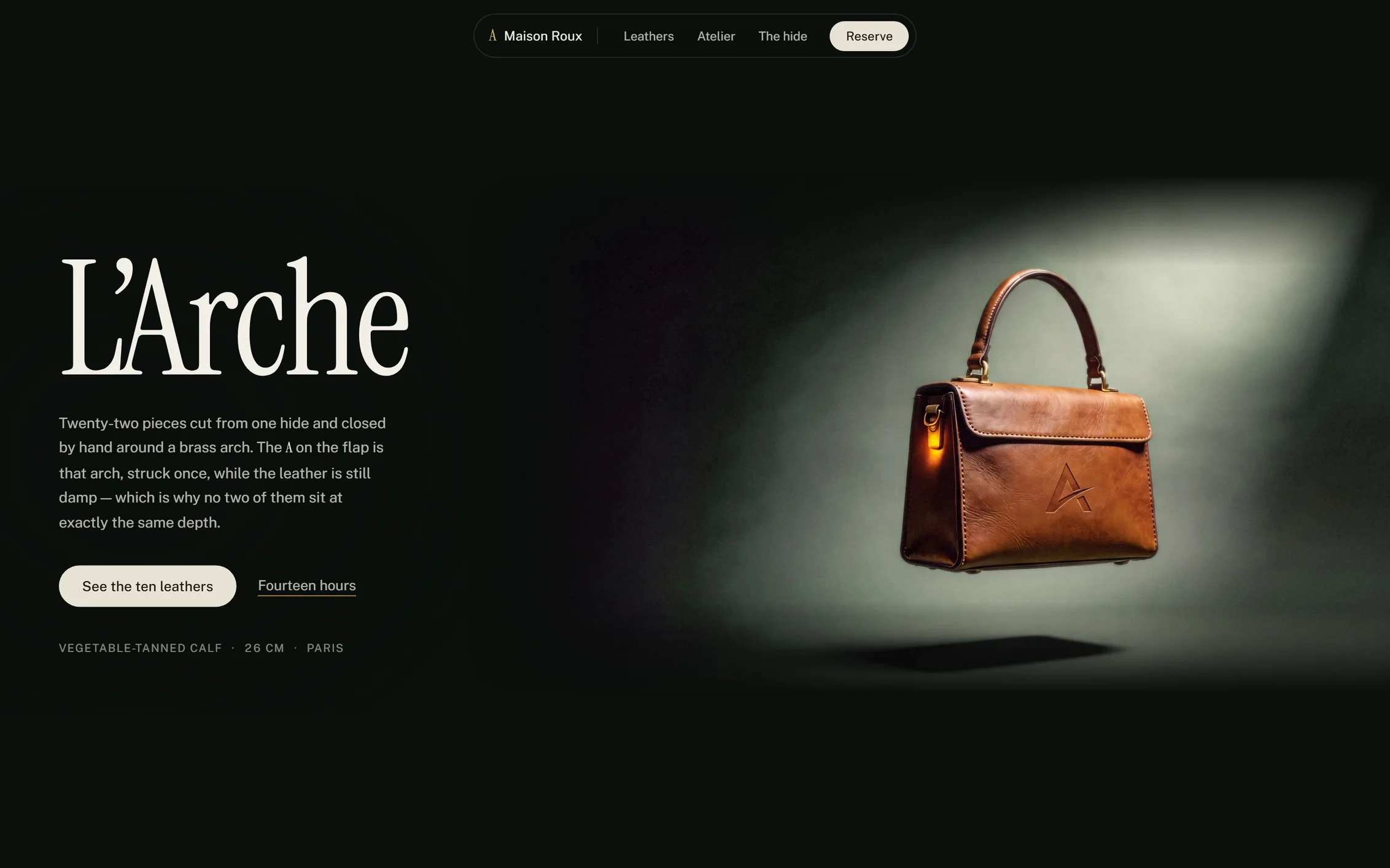 Maison Roux — a tan calfskin bag lit in a single shaft of light